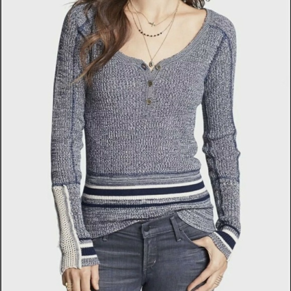 Free People We The Free Sutton Henley Navy Striped Cuffs Elena Gilbert S